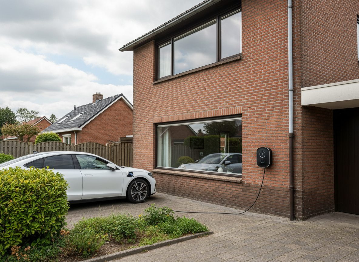 laadpaal installatie bij bakstenen woning in Flandre