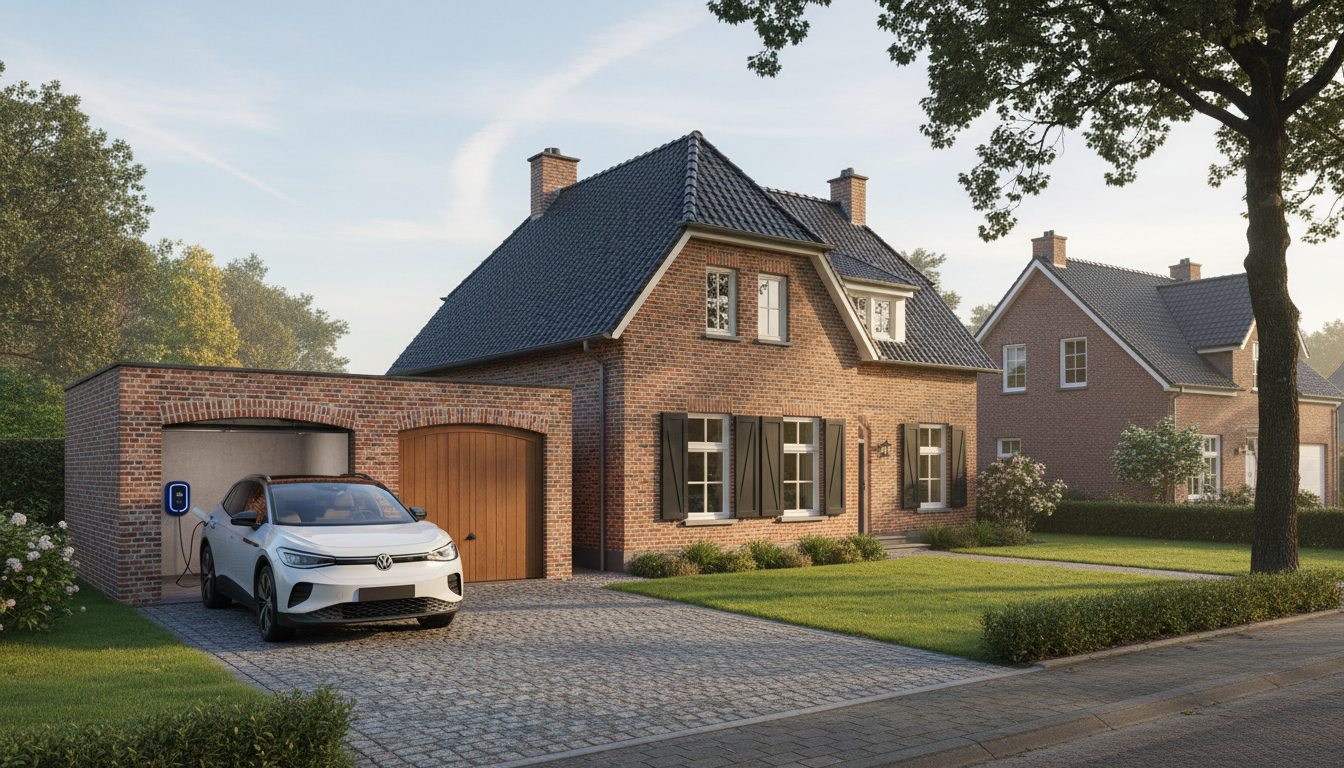 laadpaal installatie bij bakstenen woning in Flandre in de zomer