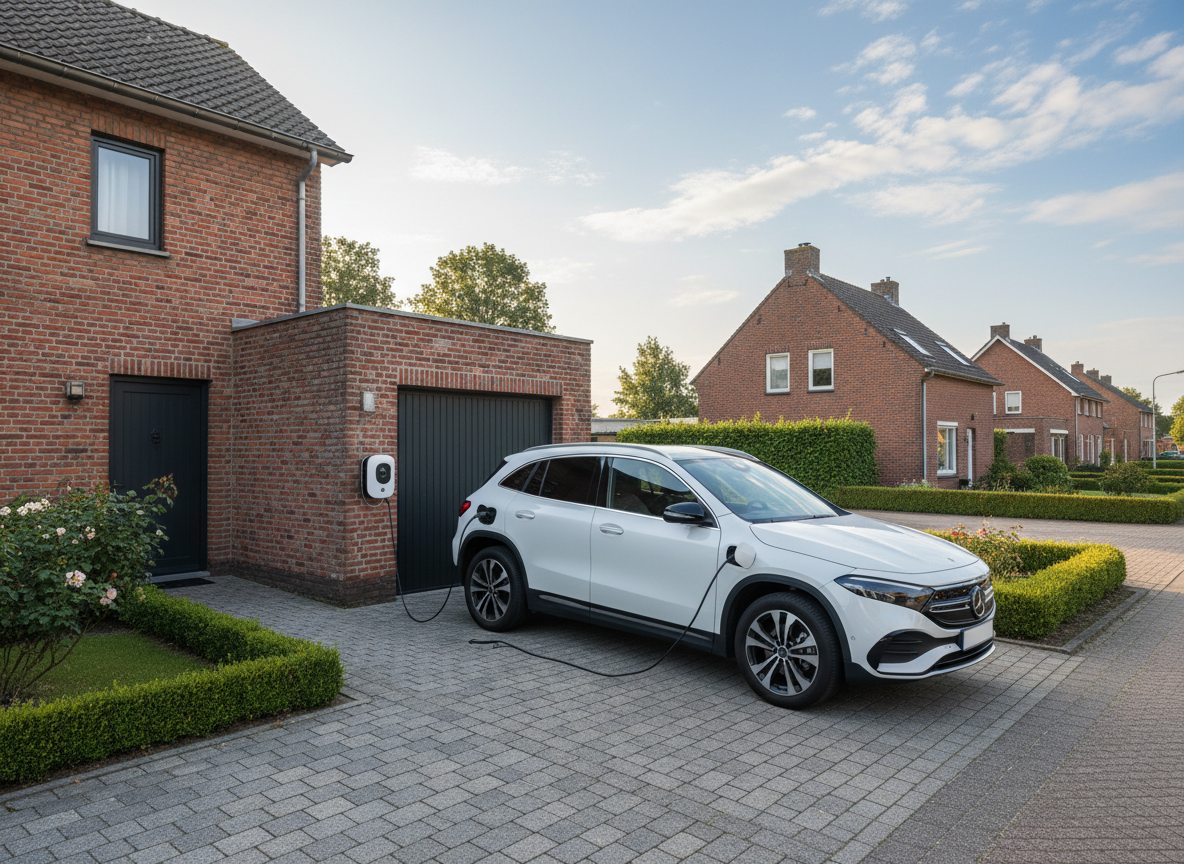 laadpaal installatie bij bakstenen woning in Flandre